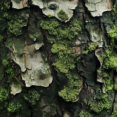 Closeup of tree bark texture with patches of green moss and rough natural details in a forest setting