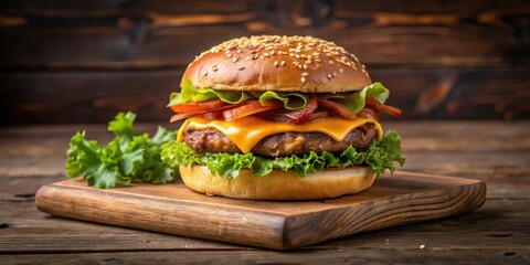 Wall Mural - Delicious burger with sesame seed bun, cheese, bacon, lettuce, and beef patty on wooden board, burger, sesame seed, bun