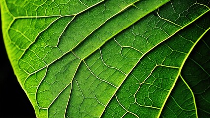 Wall Mural - Close-up of a green leaf with intricate veins.