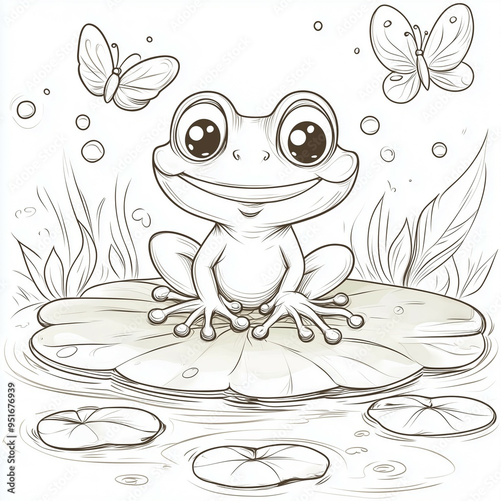 Cute frog sitting on a lily pad with butterflies in a whimsical black ...