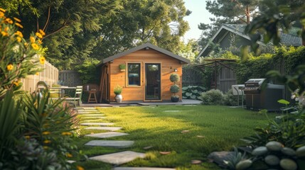 Poster - A small wooden house with a patio and a grill