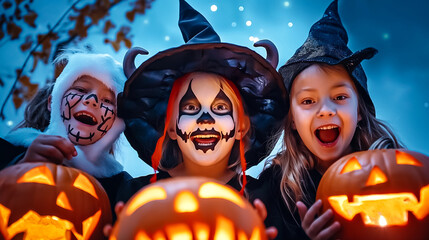 Wall Mural - Three excited children dressed in Halloween costumes display brightly lit carved pumpkins during a nighttime celebration while laughing joyfully