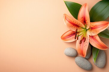 Sticker - Orange Lily with Stones and Green Leaves on Peach Background