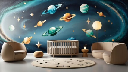 Wall Mural - Space theme. Creative and bright eco design of a children's room. Bright fantasy wallpaper on the wall of baby room.