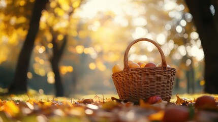 Sticker - Autumn Harvest: A Picturesque Basket of Apples in the Golden Woods