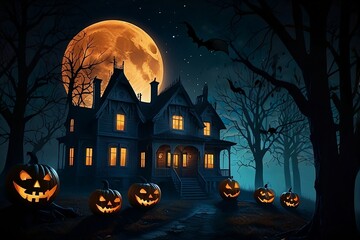 halloween background with pumpkin and house