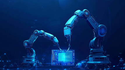 Poster - Industrial robotic arms assembling an AI chip or semiconductor against a dark blue background. The illustration features robots and an AI chip in an abstract technology setting, representing artificia