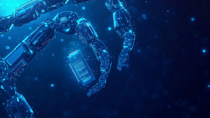 Poster - Industrial robotic arms assembling an AI chip or semiconductor against a dark blue background. The illustration features robots and an AI chip in an abstract technology setting, representing artificia