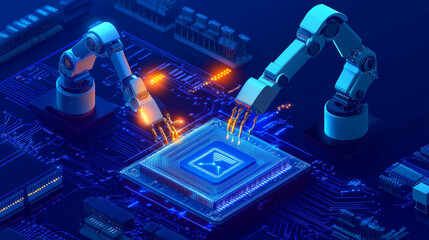 Poster - Industrial robotic arms assembling an AI chip or semiconductor against a dark blue background. The illustration features robots and an AI chip in an abstract technology setting, representing artificia