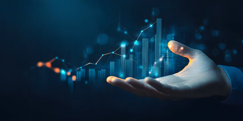 Poster - Businessman hand plan growth business graph financial chart on improvement blue background with success investment diagram marketing strategy or increase arrow stock profit data and analysis market.
