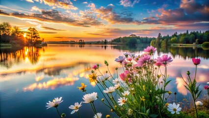 Wall Mural - flowers blooming by a tranquil lake at dusk, flowers, chair, evening, peaceful, nature, serene, tran