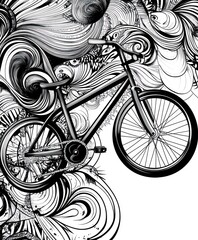 Sticker - A stylized bicycle surrounded by intricate swirling patterns.