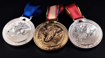 Gold Silver Bronze sports medals with ribbon