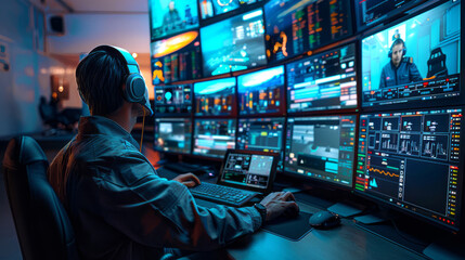 Aufkleber - A man is sitting in front of a computer monitor with a headset on