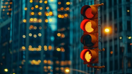 Sticker - traffic light with only ambar light on, in front a buildings in the city, photo with 50mm lens, canon 5D Mark IV 