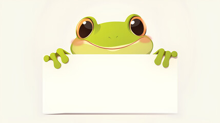 cute frog holding up a blank sign, colorful cartoon character, empty banner,, anime style, cute kawaii, simple, smiling happy. isolated background