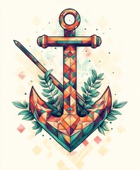 Canvas Print - A colorful geometric anchor design surrounded by leaves and a spear, symbolizing stability.