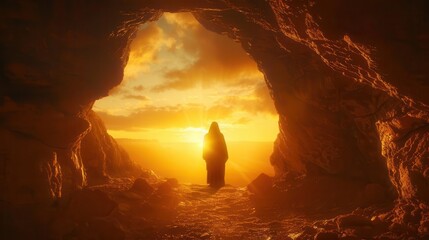 powerful easter scene silhouette of risen jesus emerging from tomb as golden sunrise breaks over horizon symbolizes hope resurrection and spiritual awakening