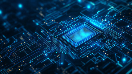 Poster - light blue cpu set against a dark technology background, featuring an abstract digital polygonal com