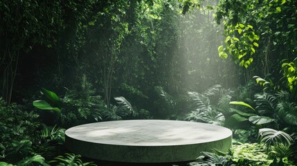 Poster - A circular podium stands in the middle of a green jungle, its minimalist design complementing the surrounding lush vegetation.