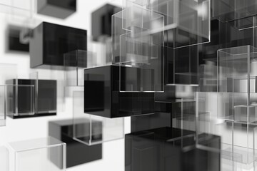 Sticker - Abstract translucent cubes, black and white, floating geometric shapes, modern design, minimalistic, high contrast, 3D rendering 