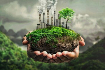 hands using technology of renewable resources to reduce pollution and carbon emission