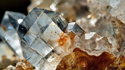 Wall Mural - Close-up of clear quartz crystals with a brown mineral base.