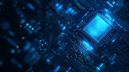 Poster - light blue cpu set against a dark technology background, featuring an abstract digital polygonal com