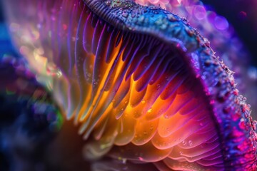 psychedelic closeup of iridescent mushroom vibrant rainbow hues mystical aura