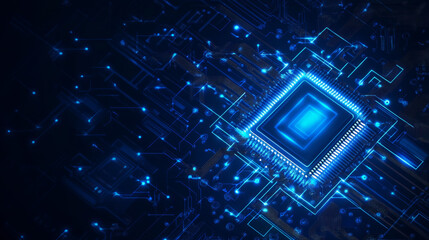 Poster - light blue cpu set against a dark technology background, featuring an abstract digital polygonal com