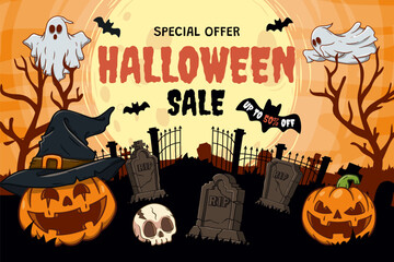 Wall Mural - Halloween Sale background with Spooky Halloween Elements. Vector Illustration