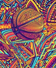 Poster - A vibrant, abstract illustration featuring a basketball amidst colorful patterns.