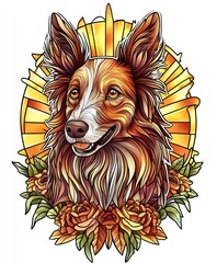 Canvas Print - A vibrant illustration of a dog surrounded by flowers and sun rays.