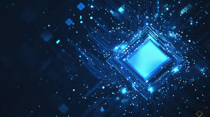 Poster - light blue cpu set against a dark technology background, featuring an abstract digital polygonal com