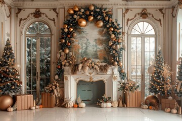 A room decorated for Christmas with a fireplace and two trees