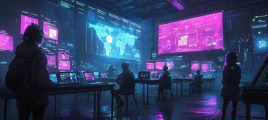 Poster - A futuristic world with advanced AI smart grids and pulsating holograms.
