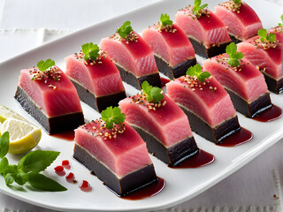 Wall Mural - A plate of tuna sashimi, sprinkled with seasonings, delicious and healthy food, high-end Japanese ingredients