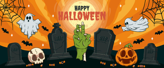 Wall Mural - Halloween background with Spooky Halloween Elements. Vector Illustration