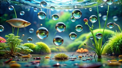 Wall Mural - Close-up shot of water droplets on a surface with aquatic plants and underwater creatures