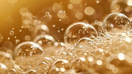 Close-up of golden bubbles in a liquid with a blurred background.