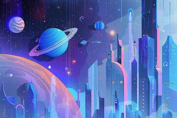 Wall Mural - Futuristic cityscape, outer space, planets and rockets, vibrant colors, sci-fi, digital illustration 