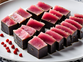 Wall Mural - A plate of tuna sashimi, sprinkled with seasonings, delicious and healthy food, high-end Japanese ingredients