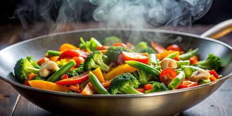 Close-up view of steamy mixed vegetables cooking in a wok, representing Asian style vegetarian cooking and healthy eating