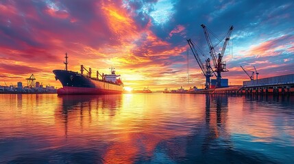 Wall Mural - Cargo ship at sunset in a busy harbor with industrial cranes