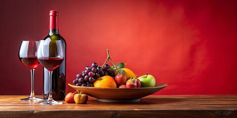 A luxurious and inviting setting with a bottle and glass of wine, alongside a bowl of fresh fruit, on a vibrant red table