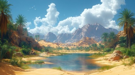 Wall Mural - Serene desert landscape with mountains, water, and lush vegetation.