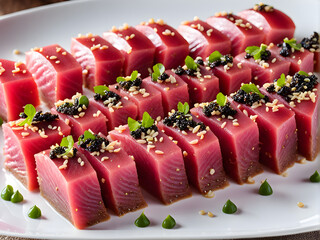 Wall Mural - A plate of tuna sashimi, sprinkled with seasonings, delicious and healthy food, high-end Japanese ingredients