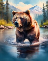 Canvas Print - Grizzly bear fishing in the water