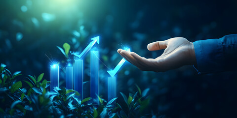 Poster - Businessman hand plan growth business graph financial chart on improvement blue background with success investment diagram marketing strategy or increase arrow stock profit data and analysis market.