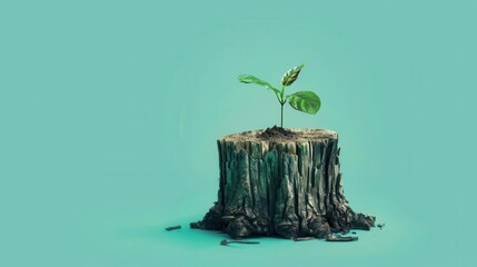 resilient tree sprouts from weathered stump symbolizing rebirth and lifes cyclical nature environmental conservation concept illustration